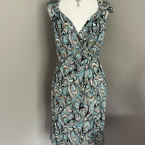 Light blue paisley sweetheart neck sleeveless silver ring faux wrap dress
